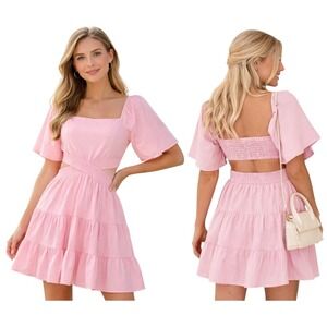 Womens Pastel Pink Tiered Mini Dress Coquette Smocked Flutter Sleeve Size M NEW